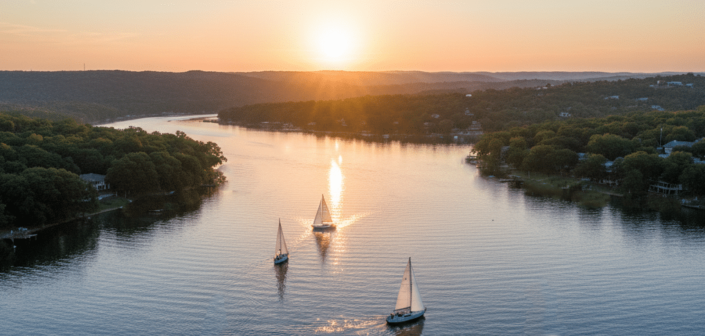 The Lake Belton Yacht Club website banner image. Sailboats on Lake Belton at sunset.